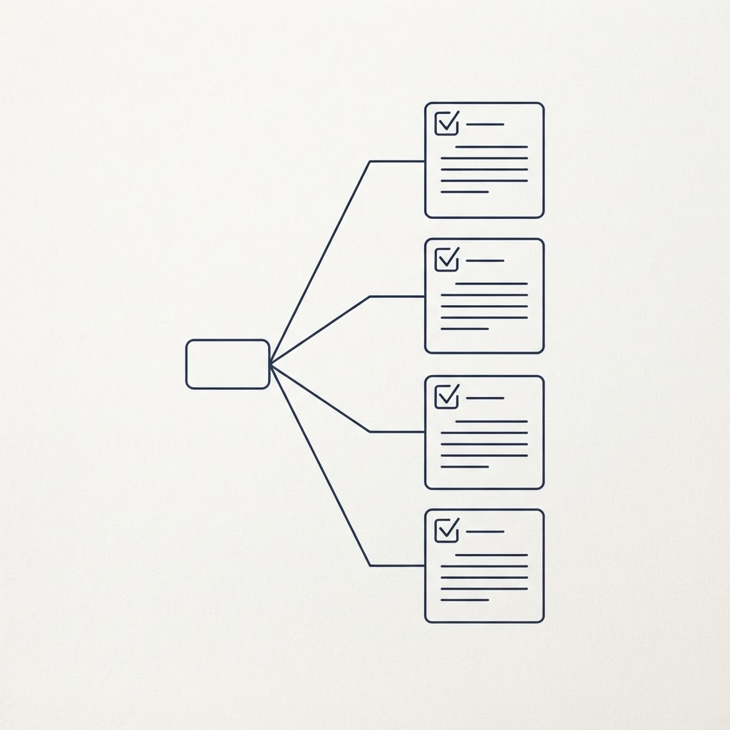 Diagram of one brief branching into three to five separate candidate evidence files, representing a Partner Dossier.
