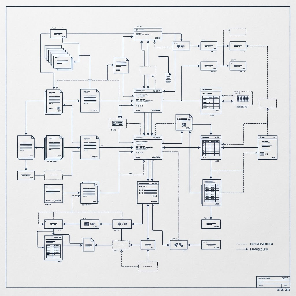 Schematic diagram of registry, licence and court-record document nodes connected by thin lines, representing the licence trail a Counterparty Check follows.